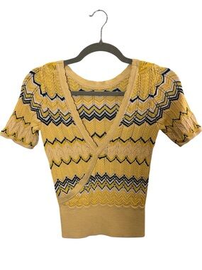 Sandro Paris Women’s Yellow Blue Chevron V Neck Knit Top sz 0
